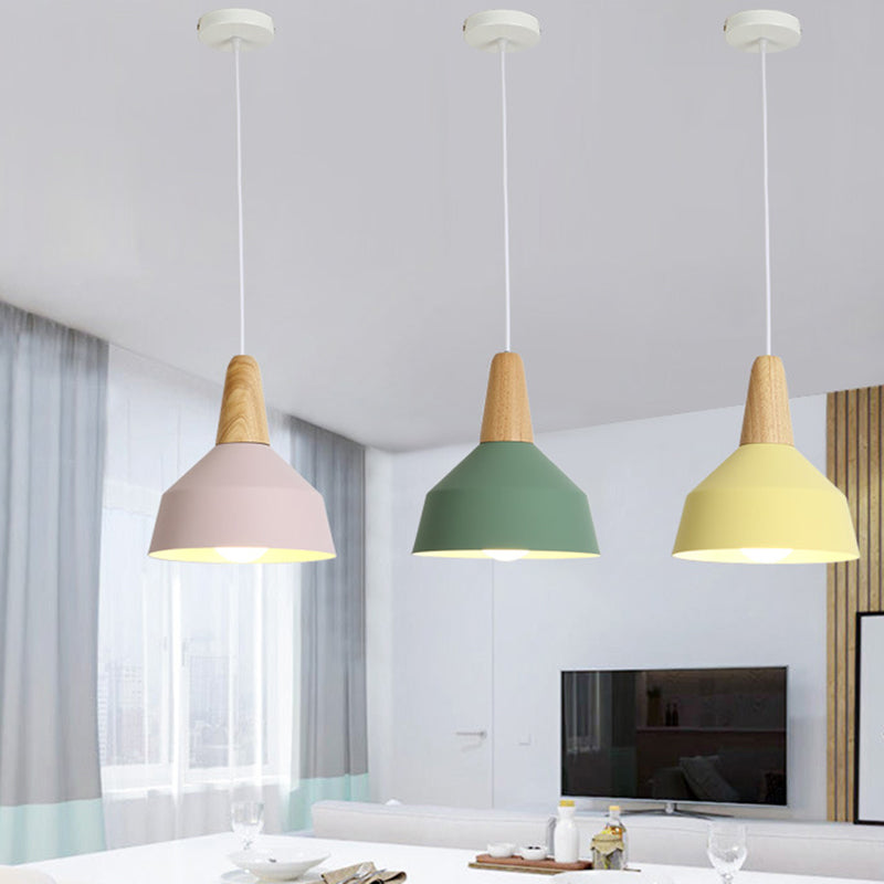 Nordic Style Metal 1-Light Hanging Ceiling Pendant With Wooden Top - Ideal For Restaurants