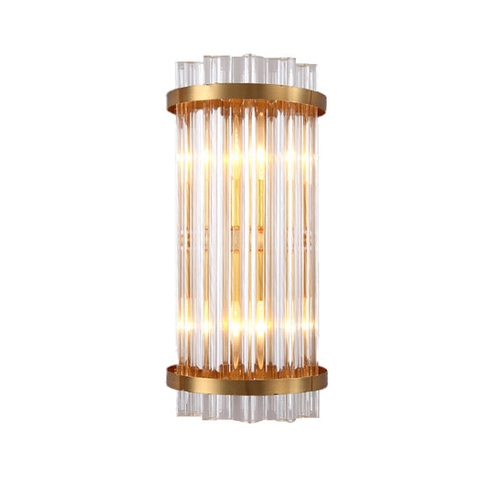 Modern 2-Head Tri-Sided Crystal Rod Cylinder Wall Mount Sconce Light Fixture In Black/Gold