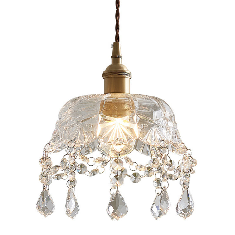 Vintage Brass Pendant Light With Clear Glass Shade And Crystal Drip - Floral Inspired Dining Room