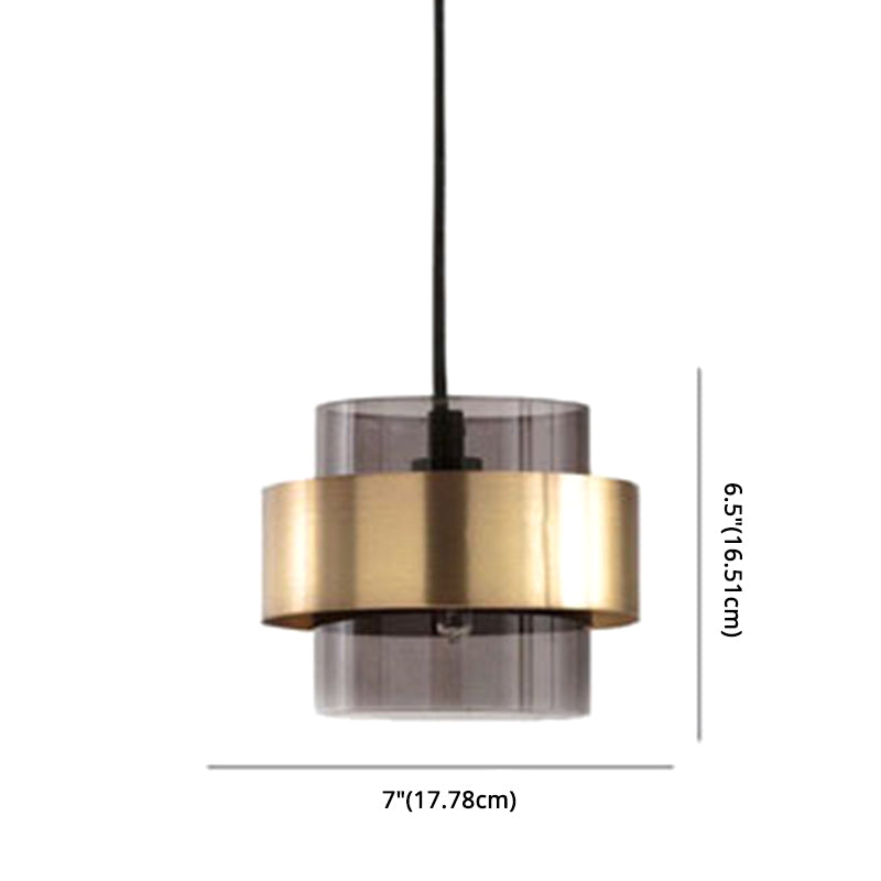 Modern Smoke Glass Pendant Light With Metal Ring - Cylindrical Minimalist Design