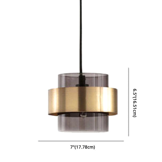 Modern Smoke Glass Pendant Light With Metal Ring - Cylindrical Minimalist Design
