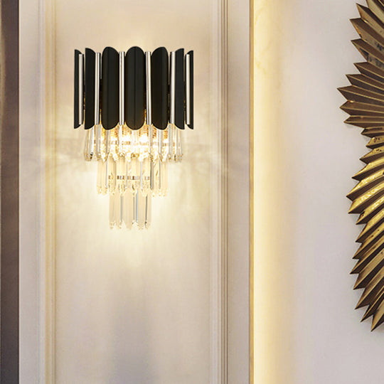 Modern Clear Crystal Wall Sconce Light - Black Tiered Design With 2 Lights