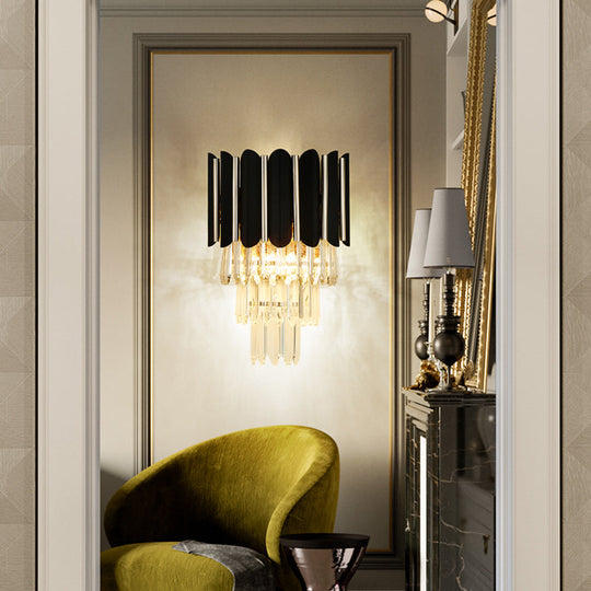 Modern Clear Crystal Wall Sconce Light - Black Tiered Design With 2 Lights
