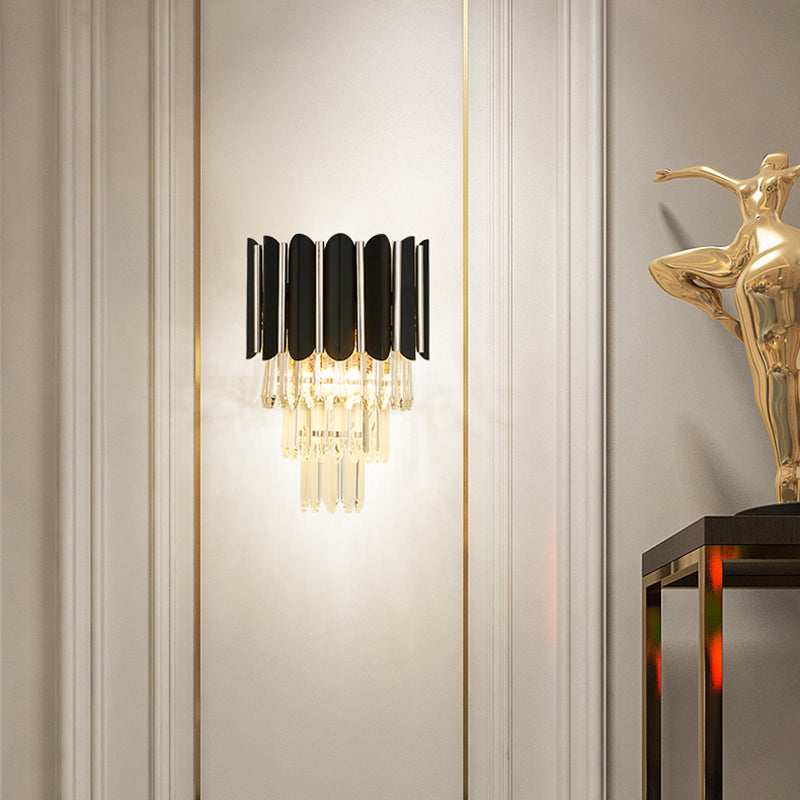 Modern Clear Crystal Wall Sconce Light - Black Tiered Design With 2 Lights