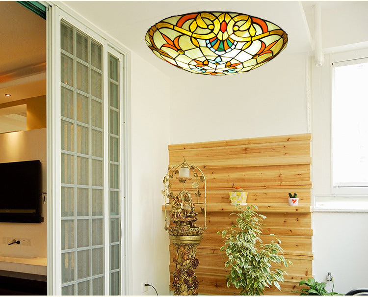 Stained Glass Baroque Flush Mount Ceiling Light Fixture With Bowl Shape Design