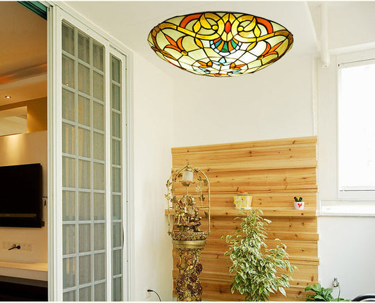 Stained Glass Baroque Flush Mount Ceiling Light Fixture With Bowl Shape Design