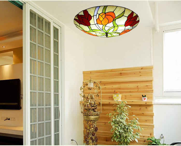Tiffany - Style Multicolored Stained Glass Flower Flush Mount Ceiling Light Fixture