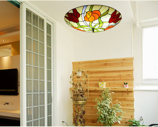 Tiffany-Style Multicolored Stained Glass Flower Flush Mount Ceiling Light Fixture