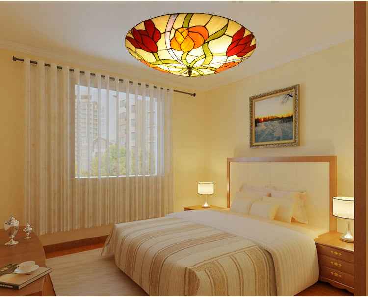 Tiffany-Style Multicolored Stained Glass Flower Flush Mount Ceiling Light Fixture