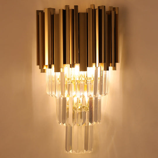 Modern Multi Layer Metal And Crystal Prisms Wall Lamp - 2/3 Bulbs Brass Finish