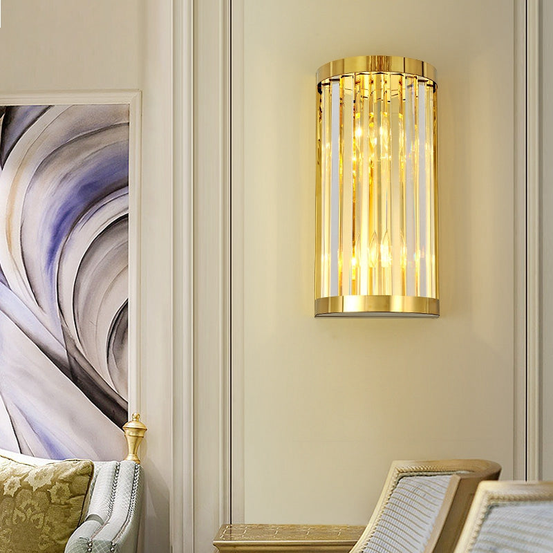 Modern Gold Wall Light Fixture With Clear Crystal Shade Half Cylinder Design 2 Lights