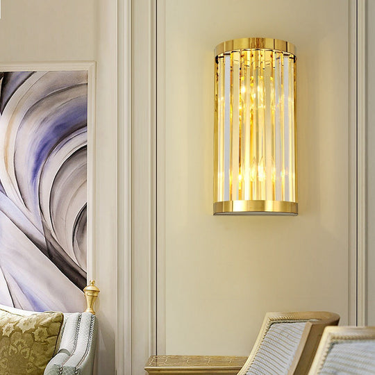 Modern Gold Wall Light Fixture With Clear Crystal Shade Half Cylinder Design 2 Lights
