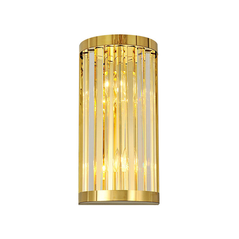 Modern Gold Wall Light Fixture With Clear Crystal Shade Half Cylinder Design 2 Lights