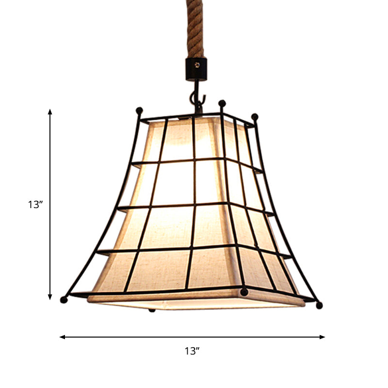 Flared Hanging Lamp With Fabric Shade - Wire Frame Rustic Suspension Light In Black