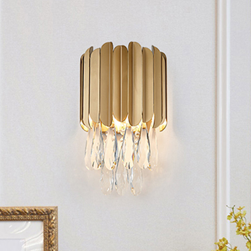 Modern Gold/Smoke Grey Round Wall Mount Lighting With Clear Crystal Teardrop - 2 Bulb Lamp