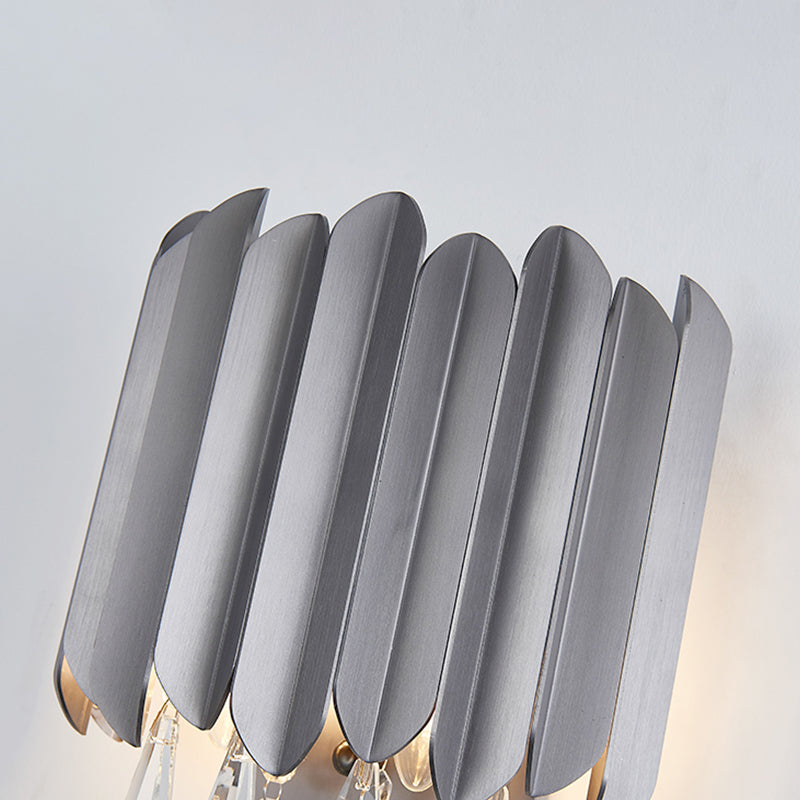 Modern Gold/Smoke Grey Round Wall Mount Lighting With Clear Crystal Teardrop - 2 Bulb Lamp