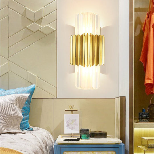 Modern Crystal Cylinder Wall Mount Lamp With 2 Gold Heads - Bedroom Lighting Fixture