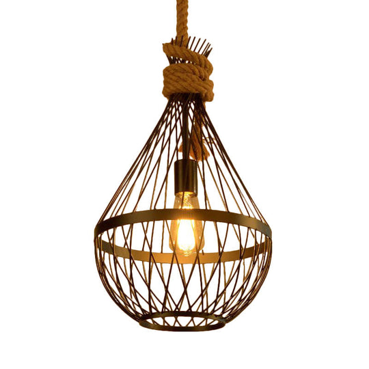 Teardrop Suspension Light: Metal Wire Frame Hanging Lamp In Black With 39’ Rope - Country Style