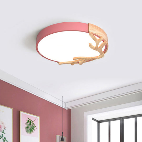 Metal Nordic Flush Mount Spotlight With Antlers - Round 1-Light Light Pink / 12 White