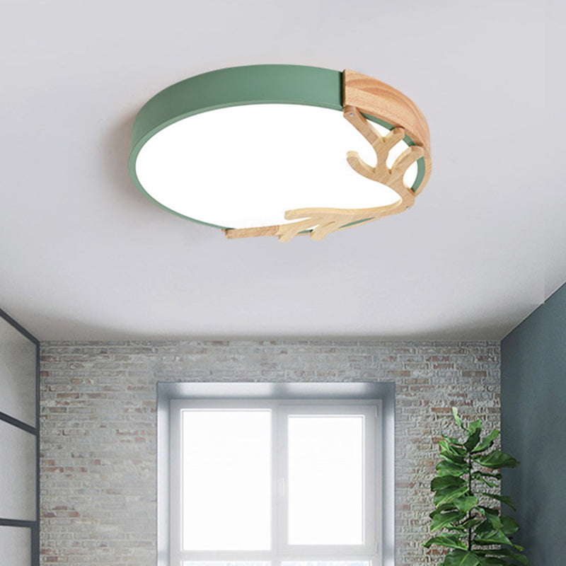 Metal Nordic Flush Mount Spotlight With Antlers - Round 1 - Light Light Green / 12’ White