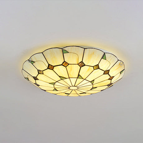 Vintage Tiffany Stained Glass Ceiling Light With Leaf Pattern - Flush Mount Led Lamp For Living Room
