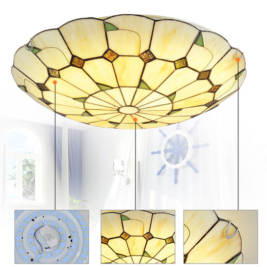 Vintage Tiffany Stained Glass Ceiling Light With Leaf Pattern - Flush Mount Led Lamp For Living Room