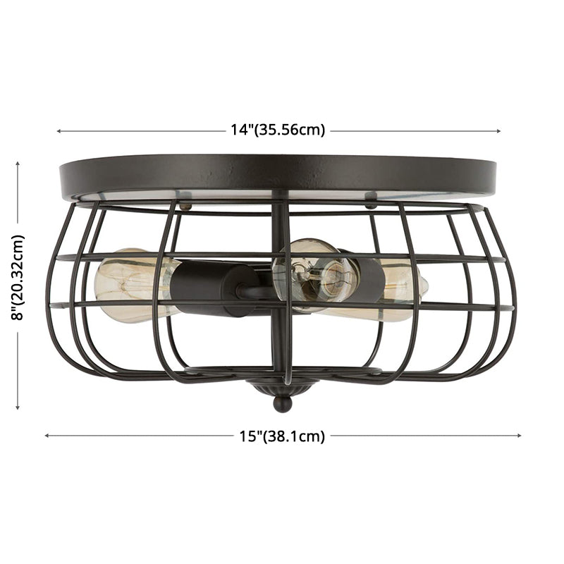 Retro Industrial Metal Ceiling Light Fixture For Hallway - Cage Drum Flush Mount Lighting