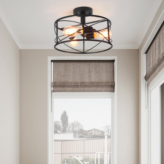 Retro Industrial Metal Flush Mount Ceiling Light For Living Room - Trellis Cage Design