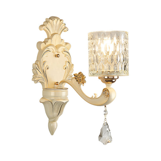 Honeycomb Glass Wall Light With Clear Cylinder Shade - Vintage 1/2 Lights Mount Lamp In Beige