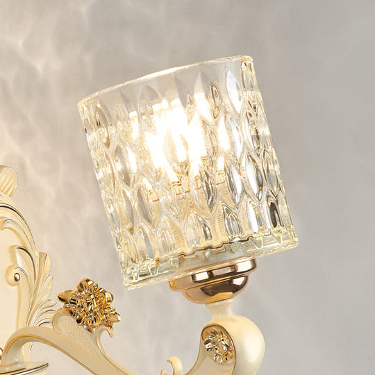 Honeycomb Glass Wall Light With Clear Cylinder Shade - Vintage 1/2 Lights Mount Lamp In Beige