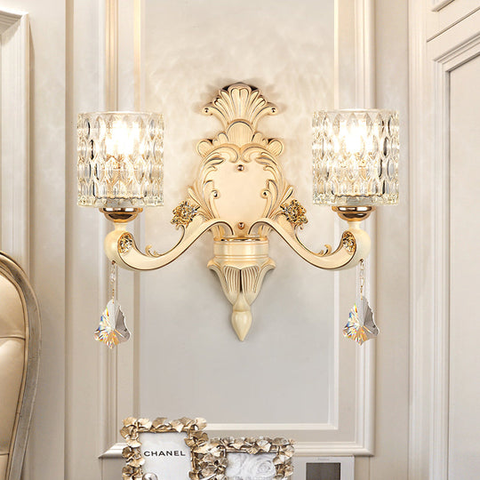 Honeycomb Glass Wall Light With Clear Cylinder Shade - Vintage 1/2 Lights Mount Lamp In Beige