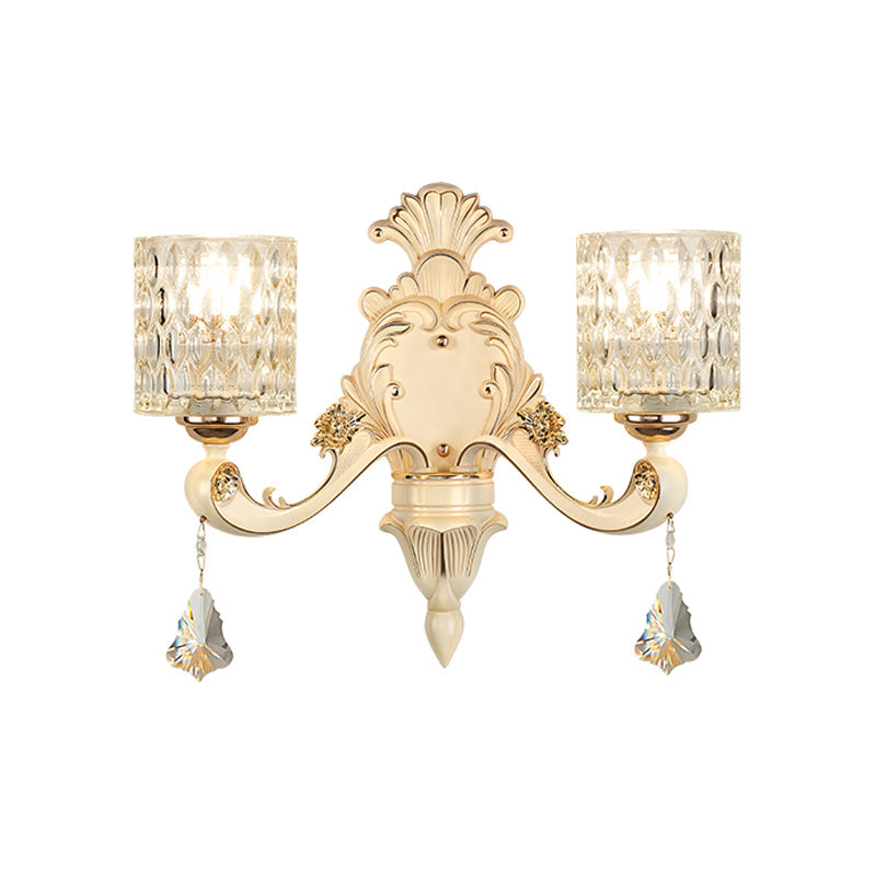 Honeycomb Glass Wall Light With Clear Cylinder Shade - Vintage 1/2 Lights Mount Lamp In Beige