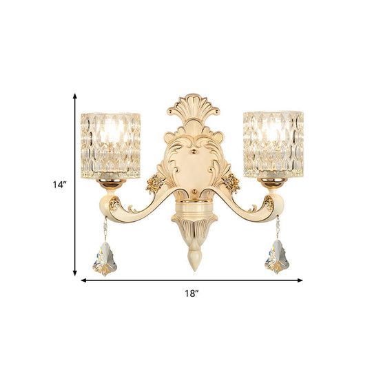 Honeycomb Glass Wall Light With Clear Cylinder Shade - Vintage 1/2 Lights Mount Lamp In Beige