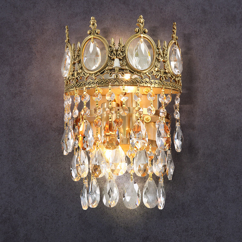 Classic Round Wall Mounted Lighting With Clear Crystal Prisms 2 Bulbs Aged Brass Finish
