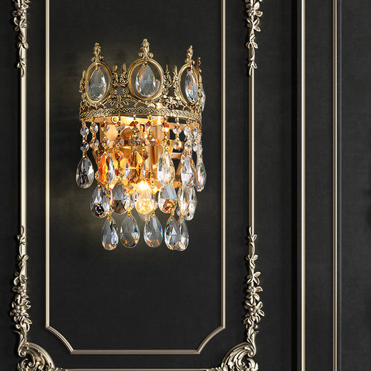 Classic Round Wall Mounted Lighting With Clear Crystal Prisms 2 Bulbs Aged Brass Finish