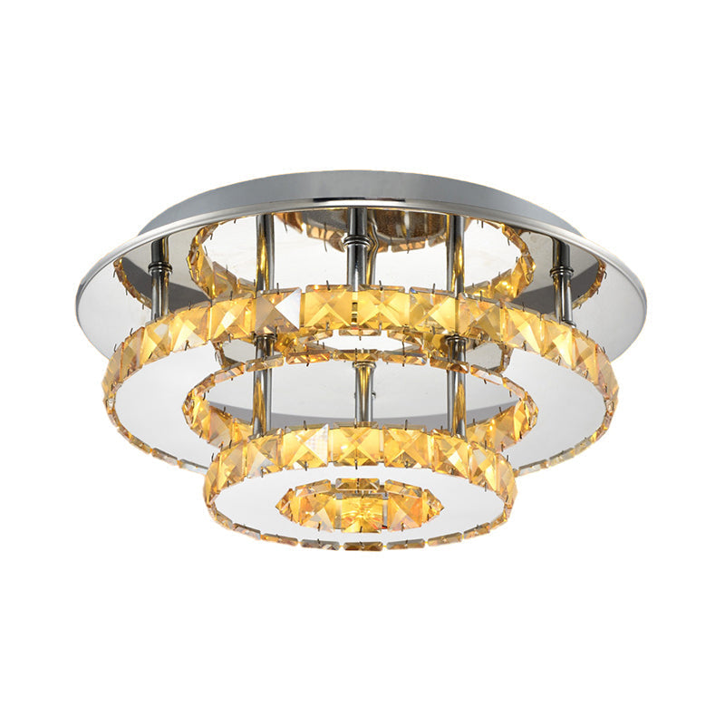 Modernist Round Crystal Semi Flush Light: 2 Tier Clear/Amber Ceiling Mount In Neutral/Warm/White -