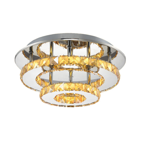 Modernist Round Crystal Semi Flush Light: 2 Tier Clear/Amber Ceiling Mount In Neutral/Warm/White -