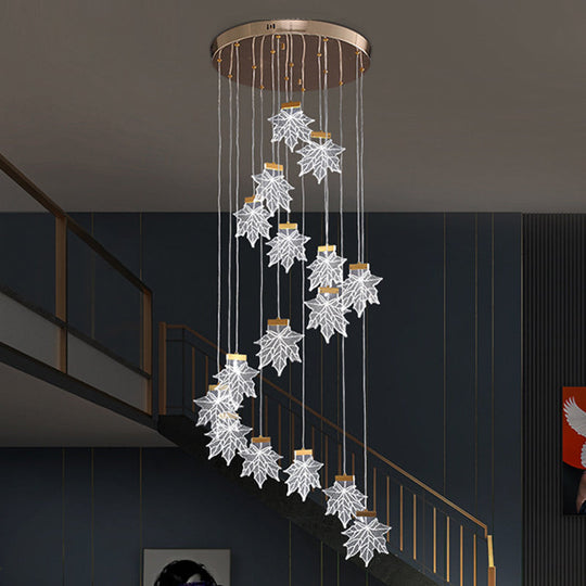 Acrylic Gold Led Pendant Lamp With Maple Leaf Cluster Design For Staircases