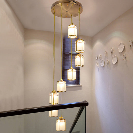 Frosted White Glass Pendant Lamp With Modern Brass Finish - Multiple Hanging Lights For Duplex House