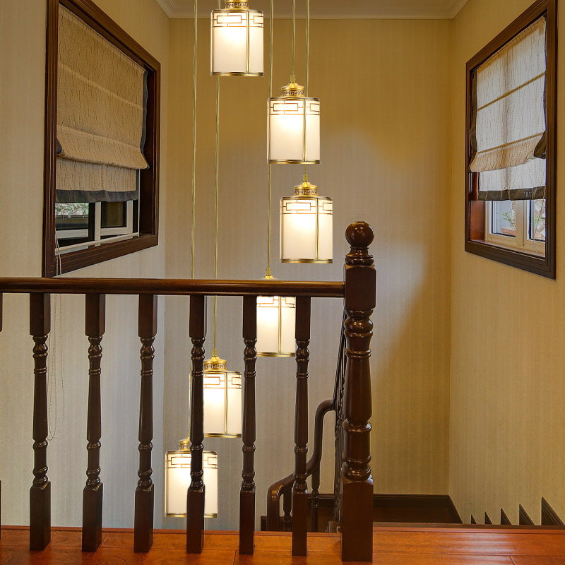 Frosted White Glass Pendant Lamp With Modern Brass Finish - Multiple Hanging Lights For Duplex House