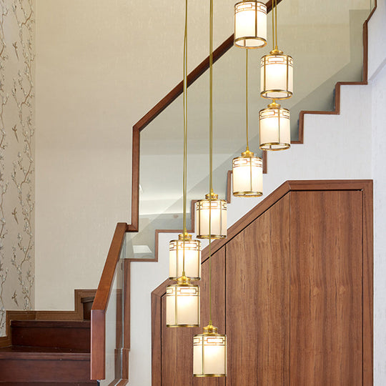 Frosted White Glass Pendant Lamp With Modern Brass Finish - Multiple Hanging Lights For Duplex House