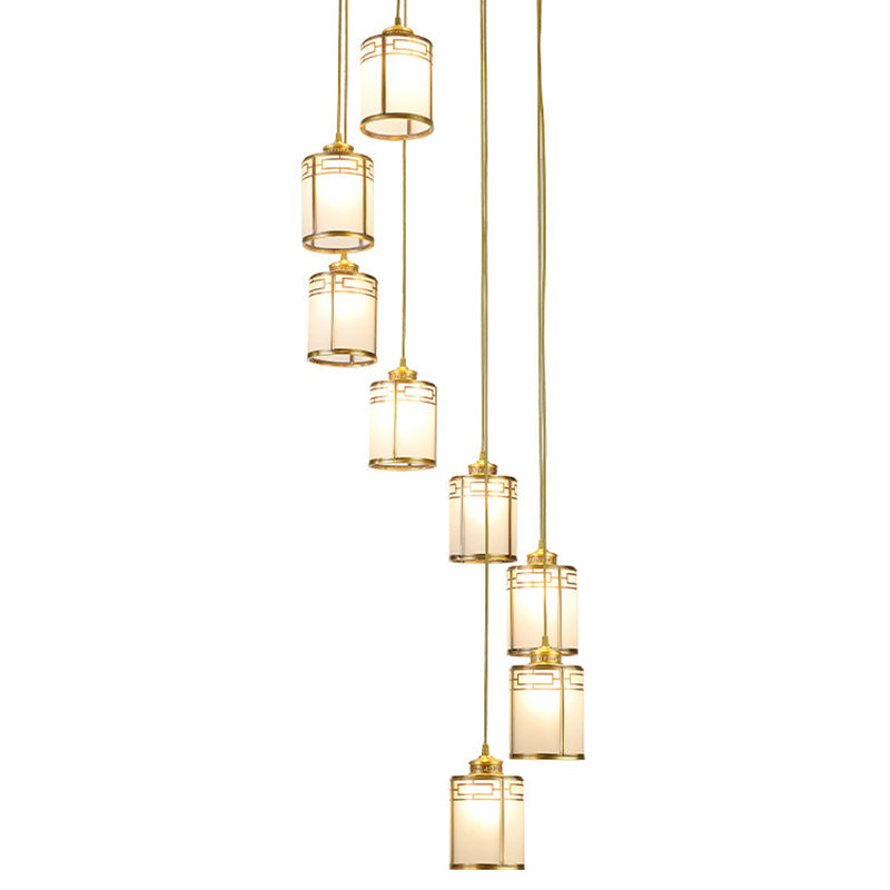 Frosted White Glass Pendant Lamp With Modern Brass Finish - Multiple Hanging Lights For Duplex House