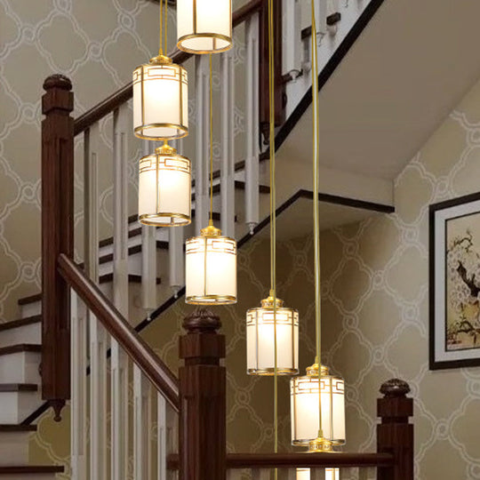 Modern Brass Frosted Glass Pendant Lamp For Duplex House