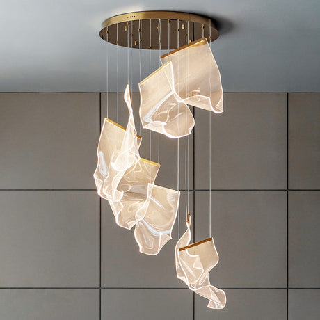 Minimalist Led Brass Finish Ceiling Light With Paper Sheet Design - Multi-Light Pendant Acrylic