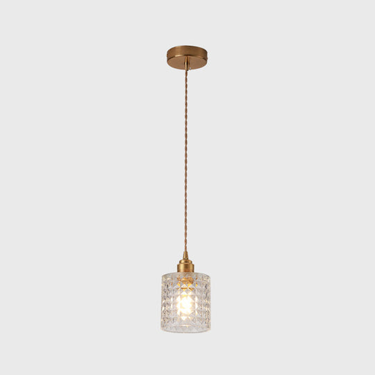 Brass Bedside Pendant Lamp With Clear Glass Shade / Cylinder