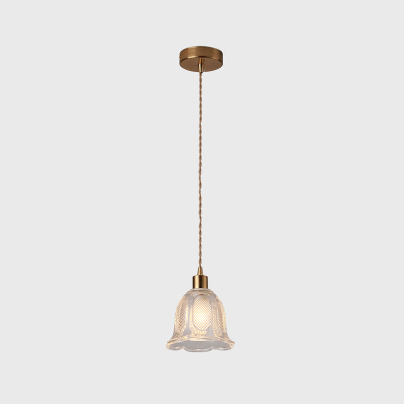 Brass Bedside Pendant Lamp With Clear Glass Shade / Flower