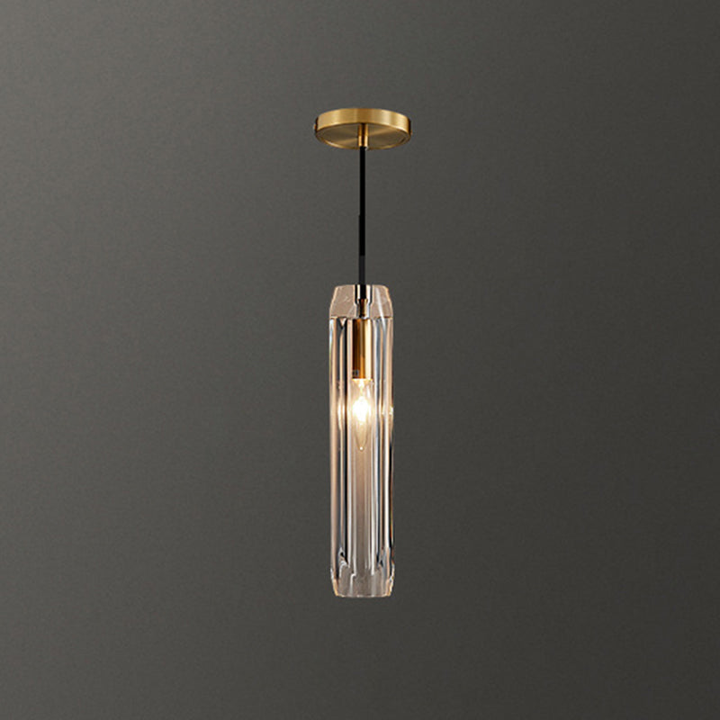 Modern Shaded Crystal Pendant Light - Simplicity Block Design Brass Ceiling Fixture / Cylinder