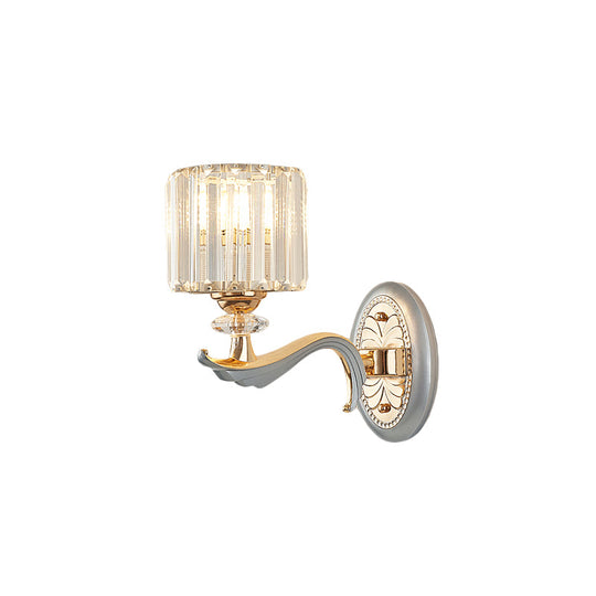 Modern Silver Cylinder Sconce With Clear Crystal Shade - Flush Mount Wall Light