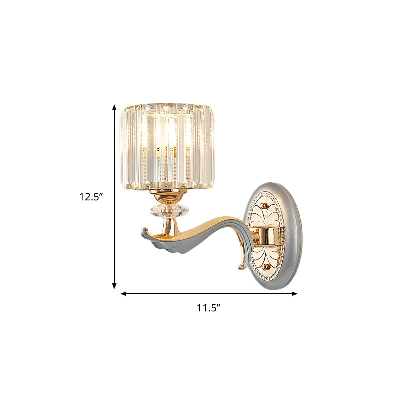 Modern Silver Cylinder Sconce With Clear Crystal Shade - Flush Mount Wall Light