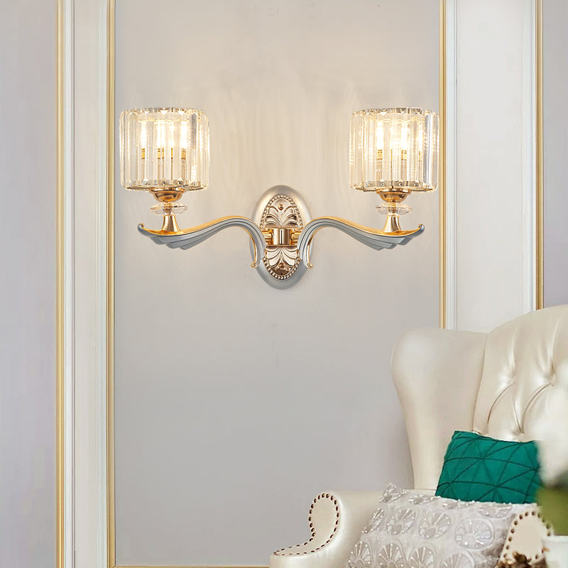 Modern Silver Cylinder Sconce With Clear Crystal Shade - Flush Mount Wall Light